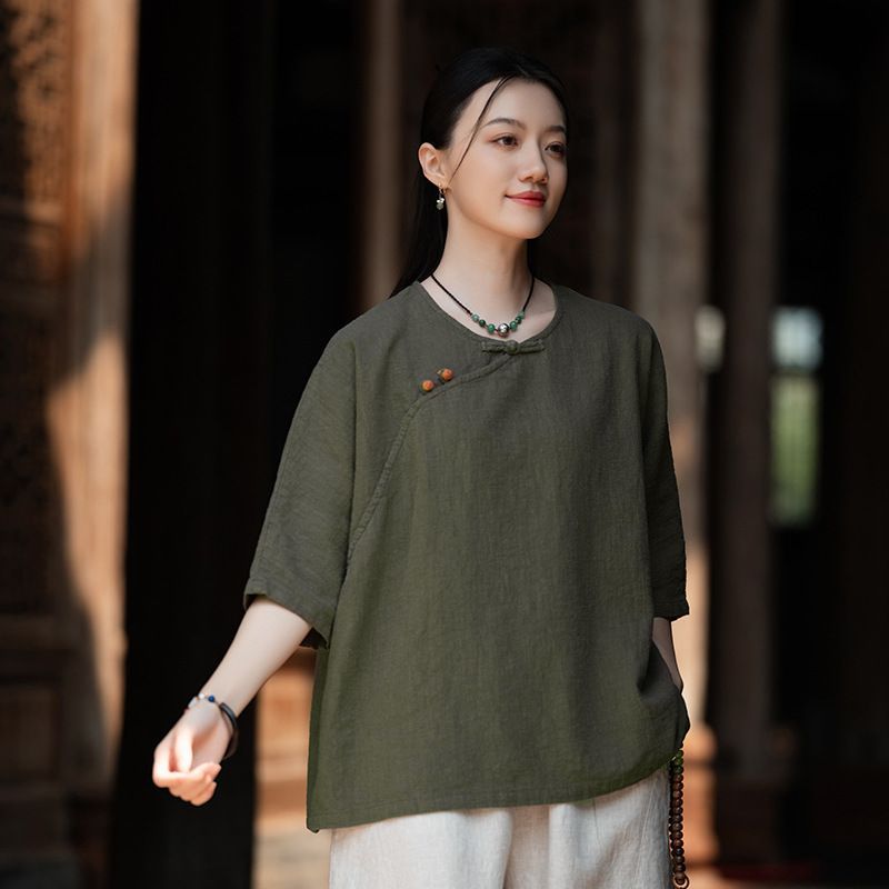 夏季短袖衬衫棉麻盘扣上衣女复古中式宽松斜襟禅意茶服妈妈装T恤