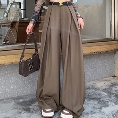 女性のためのデザインプリーツワイドレッグパンツ2025春の新しいハイウエストストレートスーツパンツカジュアルドレープフロアレングスパンツ