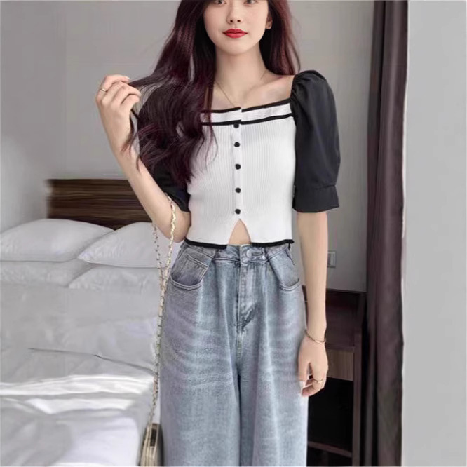 Summer New Slim-Fitting Short Knitted Cardigan Design Niche Splicing Sleeves Square Collar Thin Short-Sleeved Tops for Women