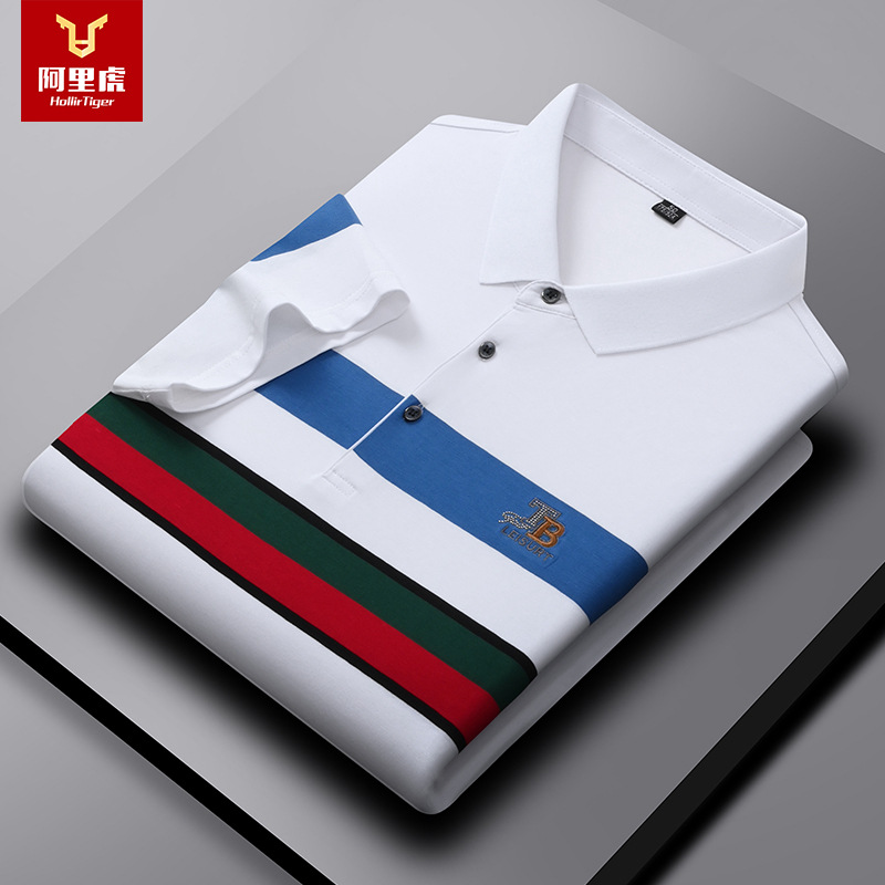 Ali Tiger Summer New Cross-border Special for Men's T-shirt Cotton Striped Beautifully Embroidered Short-sleeved Lapel POLO Shirt