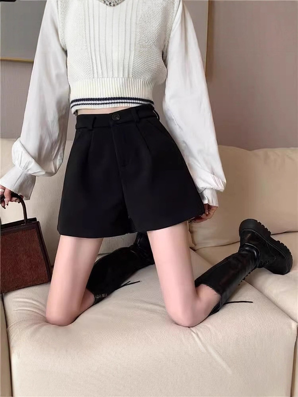 大码毛呢短裤女秋冬新款字休闲阔腿裤斤胖妹妹外穿靴裤显腿长黑色|undefined