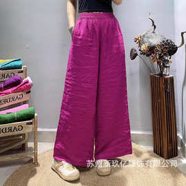跑量新款亚麻休闲裤女文艺时尚纯色松紧腰宽松简约百搭阔腿裤长裤