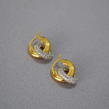 欧美小众设计可拆卸双圈锆石满钻金银撞色黄铜镀金耳圈耳环耳饰女