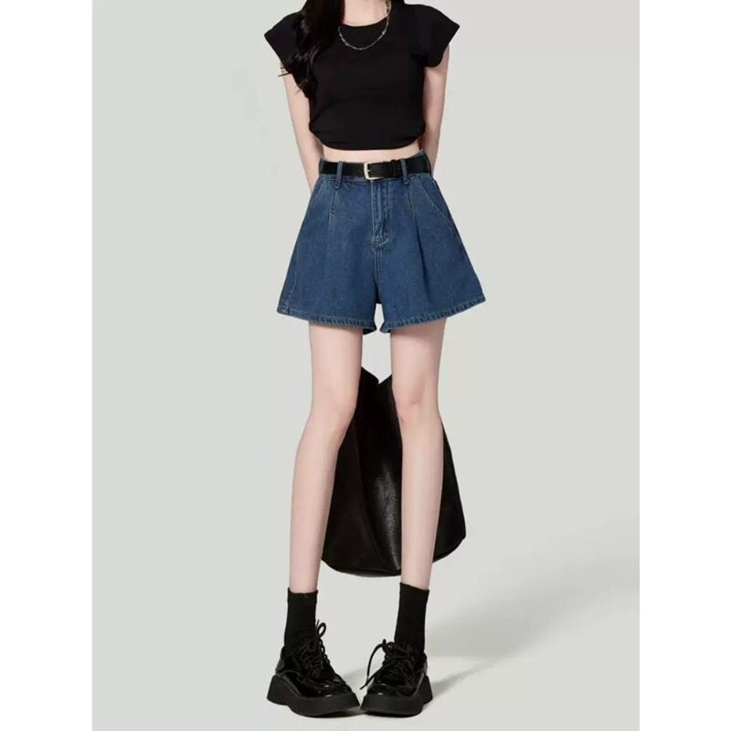Retro blue wide-leg denim shorts for women, summer trendy new style, pear-shaped, loose, high-waisted, A-line, versatile, hip-hugging hot pants