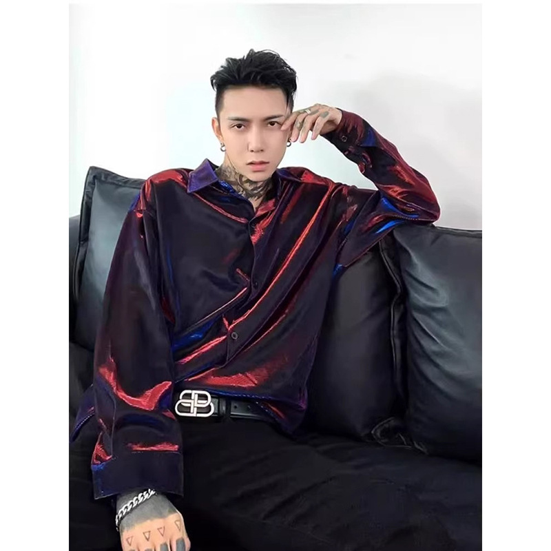Colorful Purple-Red Liquid Glossy Long-Sleeved Shirt for Men, Nightclub Wear, Cool and Stylish, High-End Design, Niche Shirt Colorful Purple-Red Liquid Glossy Long-Sleeved Shirt for Men, Nightclub Wear, Cool and Stylish, High-End Design, Niche Shirt