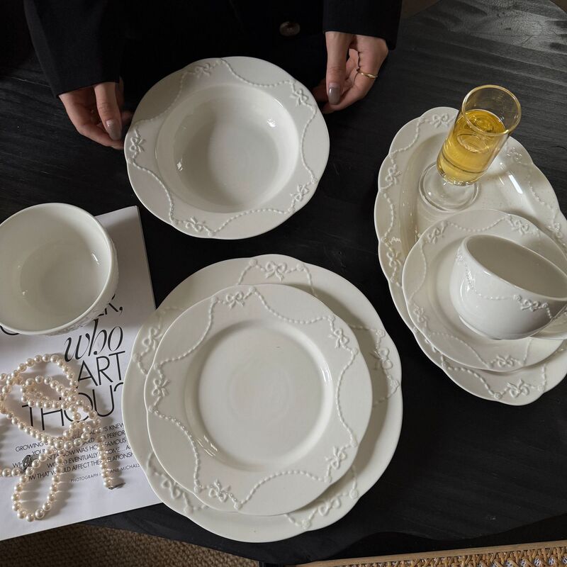 New French Embossed Bow Fugitive Princess Ceramic Dinner Plate Dessert Pasta Home Set Plate Wholesale New French Embossed Bow Fugitive Princess Ceramic Dinner Plate Dessert Pasta Home Set Plate Wholesale