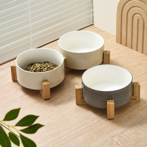 Ceramic cat bowl, dog food bowl, anti-knock wooden frame, special cat bowl for kittens, double bowl, drinking water feeding bowl, pet bowl supplies