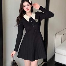黑色长袖针织连衣裙女2024年春秋新款内搭学院风娃娃领打底毛衣裙