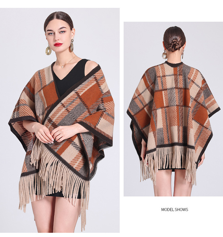 Schalumhang Damen karierte Strickjacke mit Fransen karierter Umhang Schal Wollmantel_voghion.com