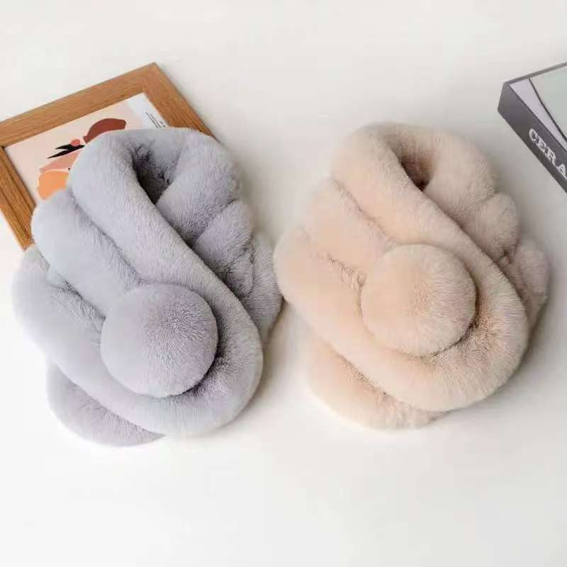 겨울용 여성용 스카프, 가을과 겨울용 인조 렉스 토끼 모피 3개 튜브 모피 플러시 스카프, 큰 모피 공 스카프가 있는 따뜻한 한국 스타일