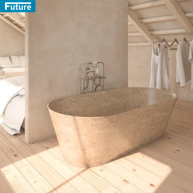 Beige Travertine Bathtub, Natural Travertine Luxury Freestanding Bathtub, Marble Bathroom Simple Large Bathtub Floor-Standing Style