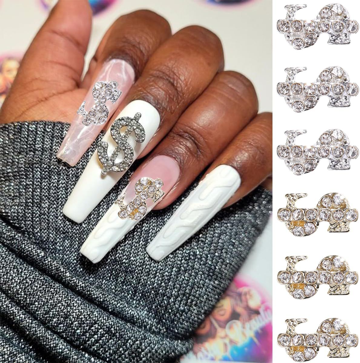 Joyería de uñas transfronteriza oro plata dólar símbolo moneda símbolo de uñas Luz de lujo flash diamante tridimensional decoración de diamantes