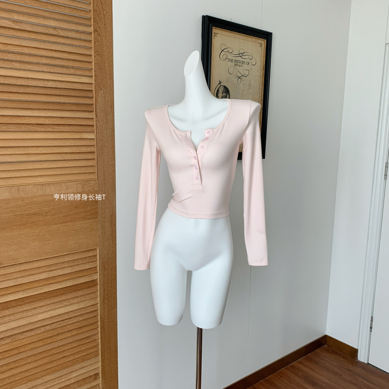亨利领T恤女秋小个子粉色内搭修身长袖针织打底衫|undefined