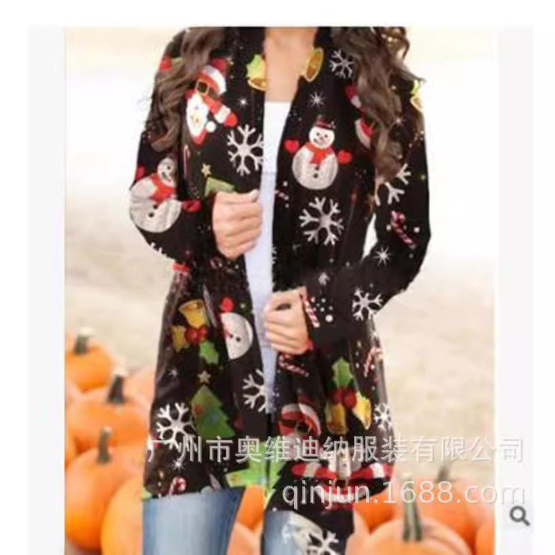 wish Independent Station Women's Clothing European and American Foreign Trade Christmas Digital Printing Casual Long Sleeve Cardigan Women's Spot