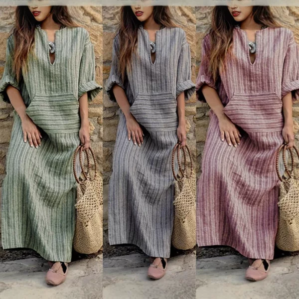 A large number of in stock cross-border independent stations Amazon explosions Europe and the United States new cotton and linen yarn-dyed stripe loose dress