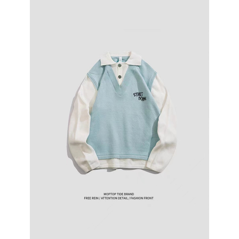 Men's clothing two piece polo collar sweater men's autumn and winter trend loose stitching embroidery knitted sweater men's casual jacket_voghion.com