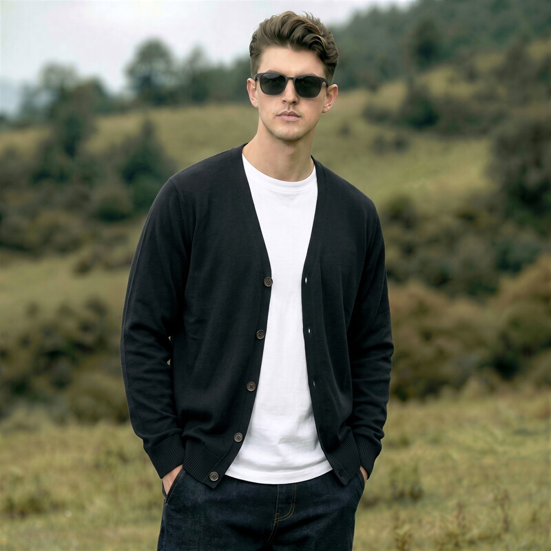 Men's Spring and Autumn V-neck Knitted Cotton Cardigan, Solid Color Buttoned Long Sleeve Jacket, Casual, Simple and Versatile Men's Spring and Autumn V-neck Knitted Cotton Cardigan, Solid Color Buttoned Long Sleeve Jacket, Casual, Simple and Versatile