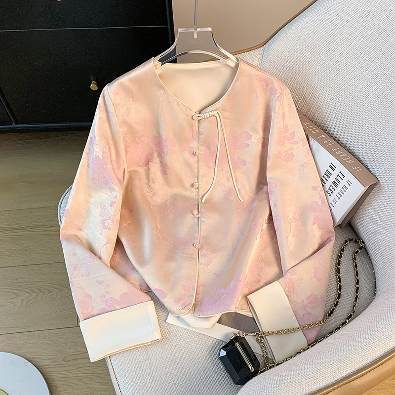 秋季新中式国风气质古典汉服茶服盘扣缎面提花复古长袖上衣外套女|undefined