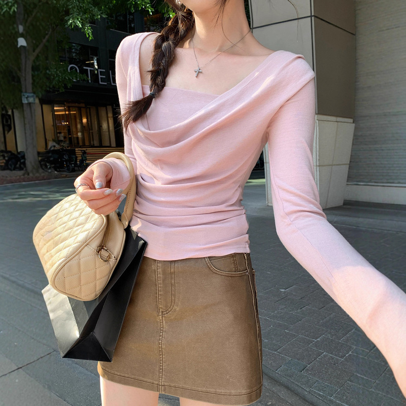 韩系纯欲辣妹风荡领修身长袖T恤女2025秋季新款独特漂亮显瘦上衣|undefined