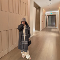 B家同款格子大衣休闲戴帽款宽松大衣两面穿