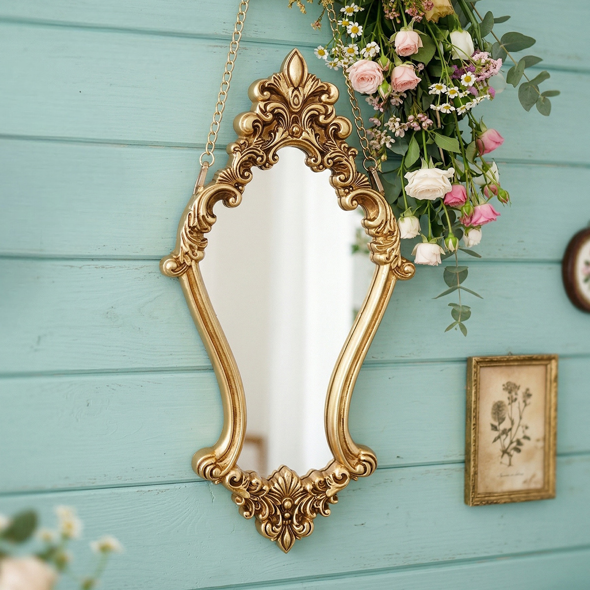 European-Style Carved Wall-Mounted Mirror, Vintage Light Luxury Style Wall Decoration Mirror, Dressing Mirror, Gold Embossed Craft Hanging Ornament