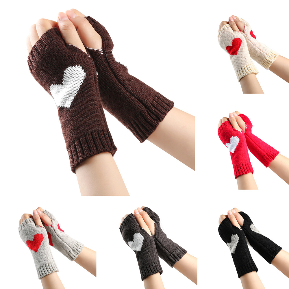 Κοντά μισά δάχτυλα για φοιτητικό γραφείο, μανίκια ροδακινί, πλεκτά γάντια αγάπης με ζεστή καρδιά_voghion.com