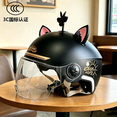 women, cute cat ears for summer, Motosiklet kaskı (dəbilqə) - class-a-national-standard-sunshine-black-coffee-breathable-model-high-definition-lenses-floral-ears-windmill-543g