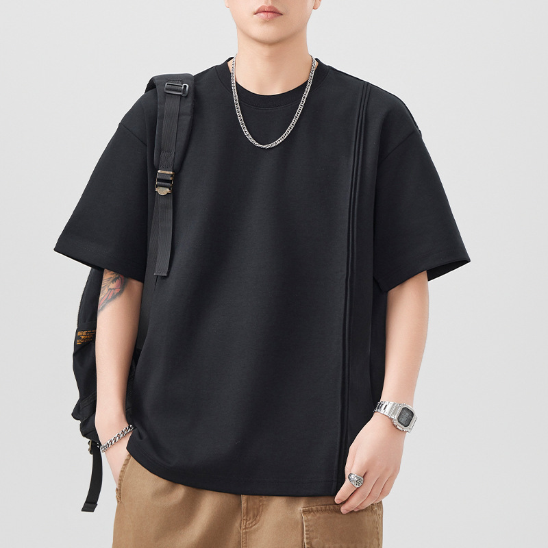 Heavyweight Short-Sleeve T-Shirt for Men, Loose Trendy Brand, High-End Men's Solid Color Round Neck Ruched Half-Sleeve Top