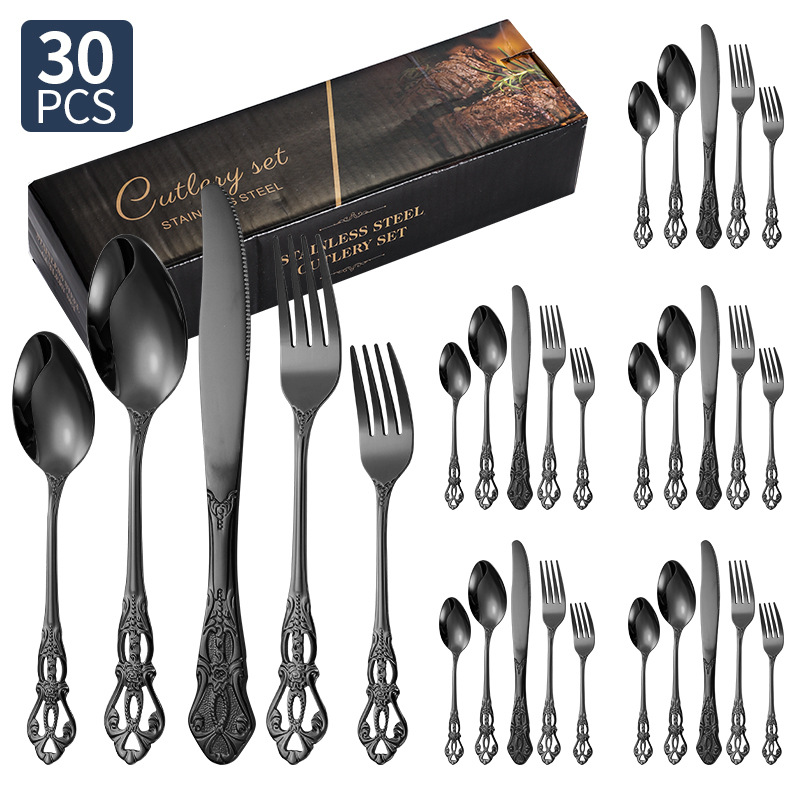 Amazon corte imperial cubiertos de acero inoxidable cuchillo y tenedor cucharas 20 / 24 / 30 piezas conjunto retro relieve cuchillo y tenedor de filete occidental
