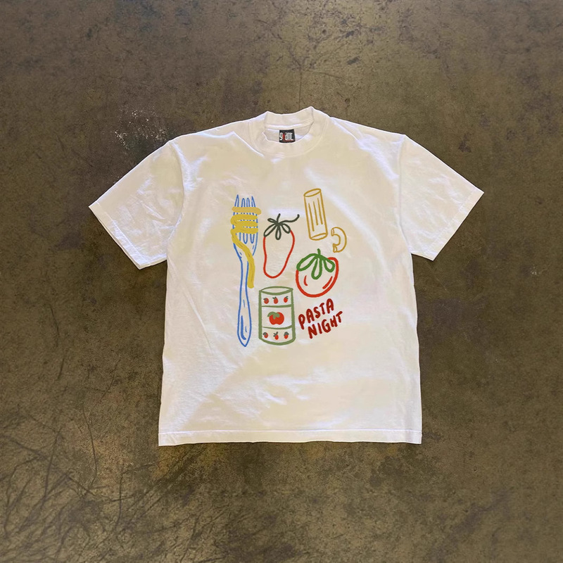 250g Heavy Cotton! American Oversize Pasta Print Couple Women's Loose Short-Sleeved T-Shirt for Men