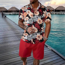 夏威夷海滩套装男士服装新休闲叶印花翻领短袖衬衫短裤2件套户外