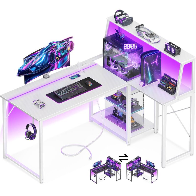 Cross-Border Exclusive L-Shaped Gaming Desk, Computer Desk with Power Outlet, E-Sports Desk with Led Lights