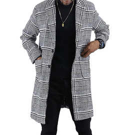 现货2023秋新品千鸟格毛呢男式大衣长款色织粗呢料风衣速卖通外套