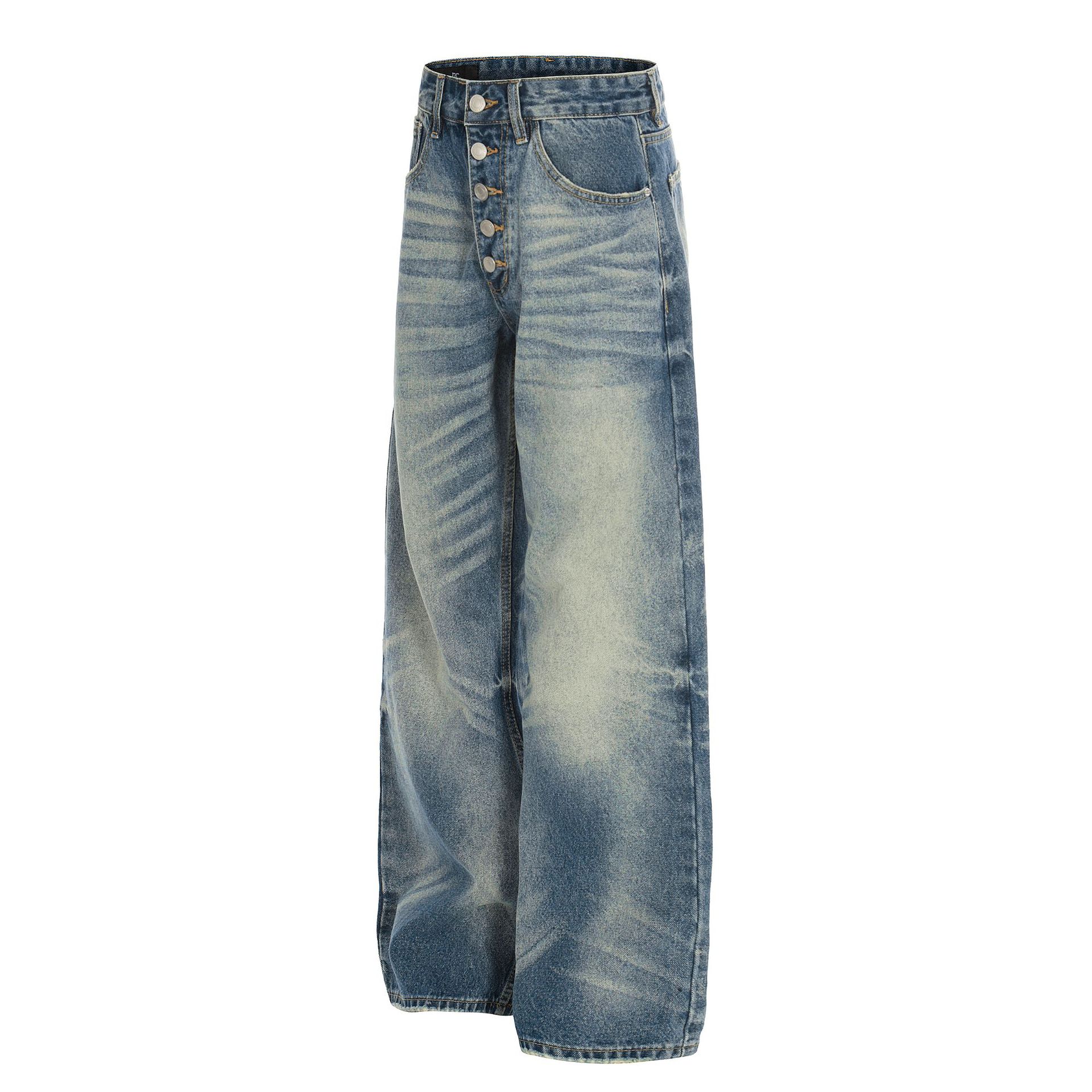 Unisex High Quality Denim Jeans High Street Retro Style Whiskered Texture Design Loose Straight Leg For Men_viptrois.com