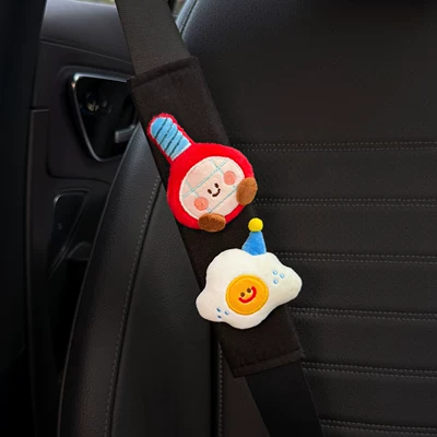 Cute Couple Set, Seat belt shoulder pad - red-tennis-racket-blue-hat-and-white-poached-egg-black-shoulder-pads