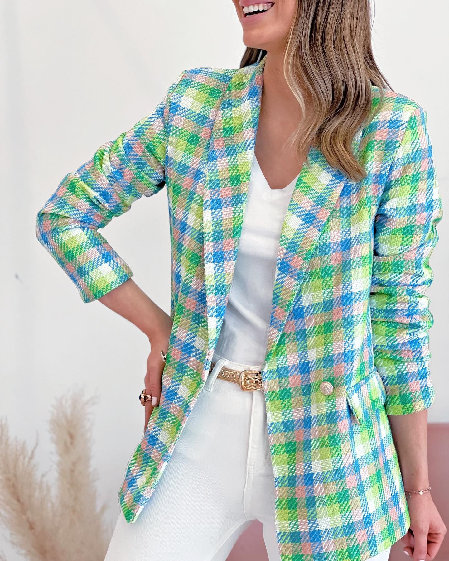 Frau Mantel Lange Ärmel Blazer Drucken Tasche Unternehmen Plaid display picture 4