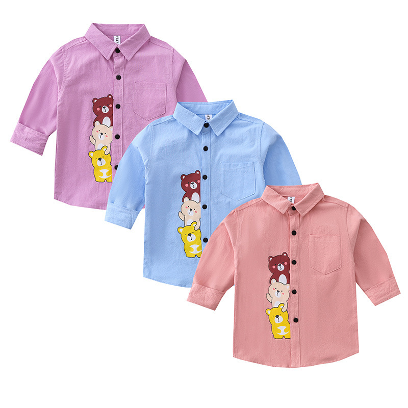 New boys and girls long-sleeved shirt printed cartoon button children's solid color shirt casual children's clothing