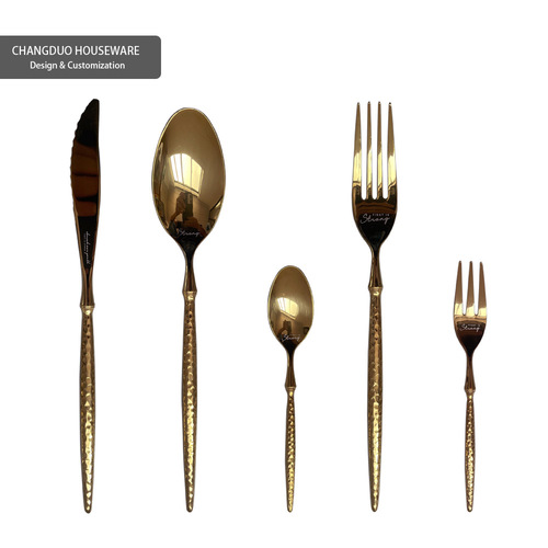 Light luxury golden hammered pattern Western food knife, fork and spoon set, creative European foreign trade tableware, wedding souvenir