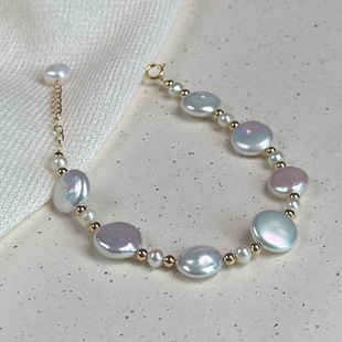 Natural Flat Round Pearl Bracelet Strong Light Baroque Button Freshwater Pearl Bracelet Feeling Bracelet Elegant Gift