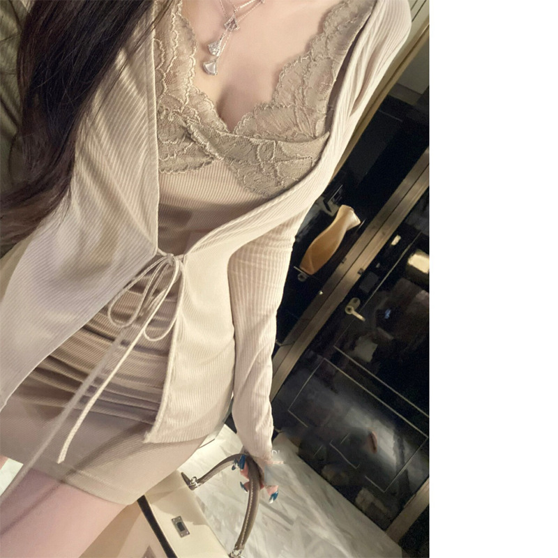 初秋气质性感针织开衫蕾丝两件套女连衣裙