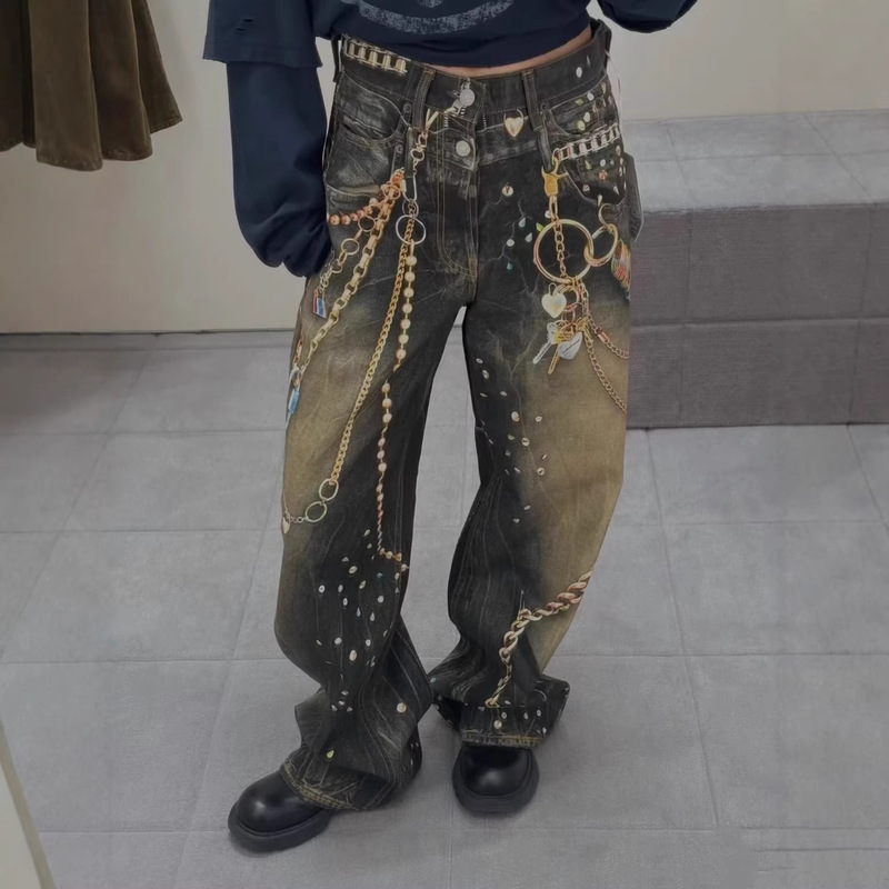 Ac Style Black and Gold Chain Pants with 3D Illusion Print, Vintage Distressed Wide-Leg Jeans Ac Style Black and Gold Chain Pants with 3D Illusion Print, Vintage Distressed Wide-Leg Jeans