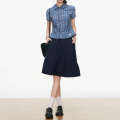 【5月8号新品】E格子短袖衬衫女褶皱收腰衬衣+藏青中裙