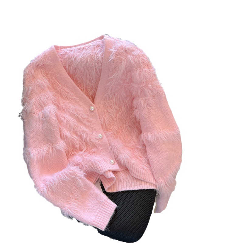 Suéter glutinoso suave de la borla para las mujeres 2023 primavera y otoño nuevo estilo de piel sintética visón suéter con cuello en V cardigan corto abrigo de moda para las mujeres