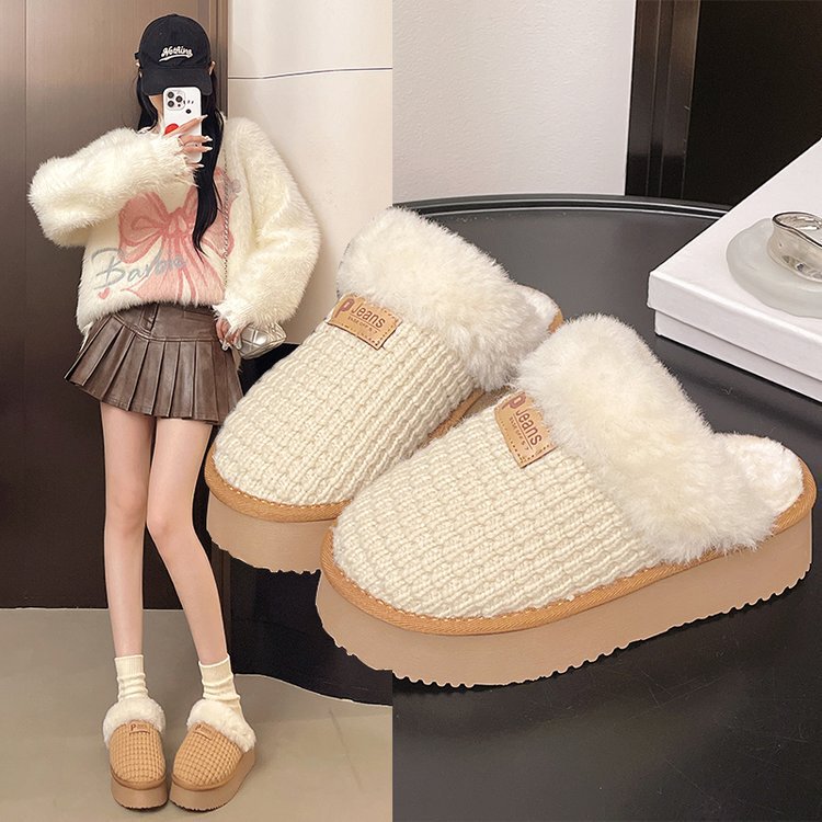 Thick-Soled Snow Boots, Furry Slippers, Women's Knitted Toe-Cap Half Slippers, 2025 New Winter Slip-On Fleece-Lined Cotton Slippers
