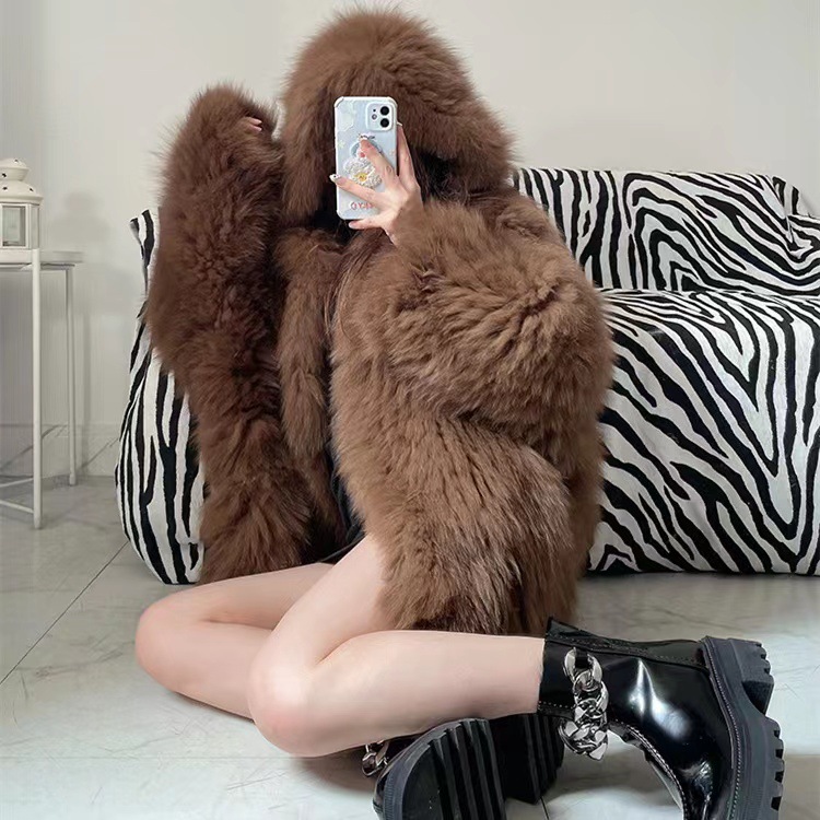 Womens Real Fox Fur Knitted Coat Hooded Bat Sleeve Baggy Jacket