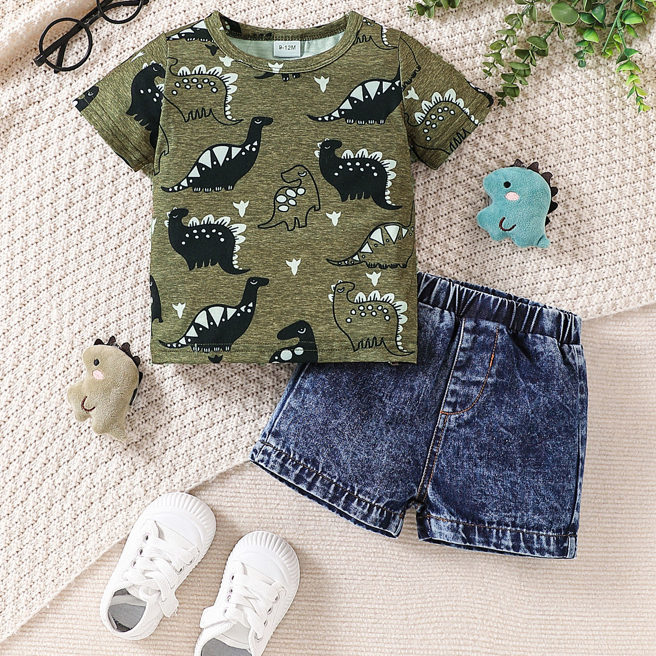 New Summer Baby Boy Clothing Round Neck Cartoon Print Short-Sleeved T-Shirt Denim Shorts Two-Piece Set Kidsren's Suit