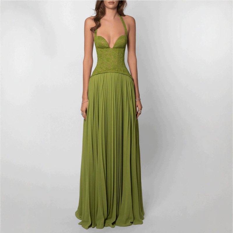 Amazon Cross-Border European and American Clothing New Fashion Sexy Backless Halterneck Low-Neck Exposed Breast Pleated Dress for Women Amazon Cross-Border European and American Clothing New Fashion Sexy Backless Halterneck Low-Neck Exposed Breast Pleated Dress for Women