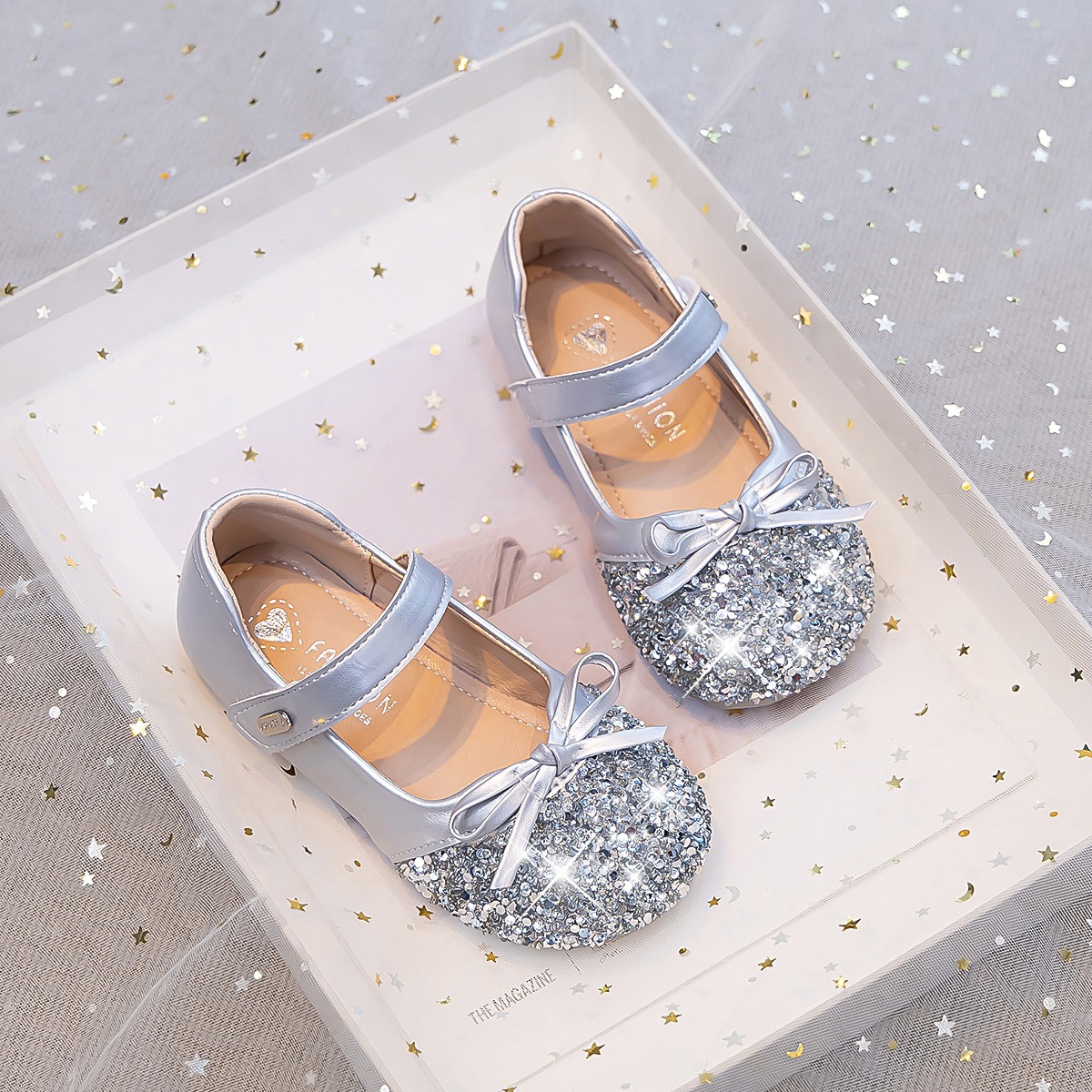 Girls' Princess Shoes Silver Glitter Rhinestone Ballerina Flats With Bow Soft Sole Non-Slip Toddler Dress Shoes_voghion.com