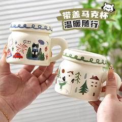 猫陶磁器カップ蓋付きマグカップ女子かわいい文芸ミルク白色小型カップサラリーマンコーヒーカップ
