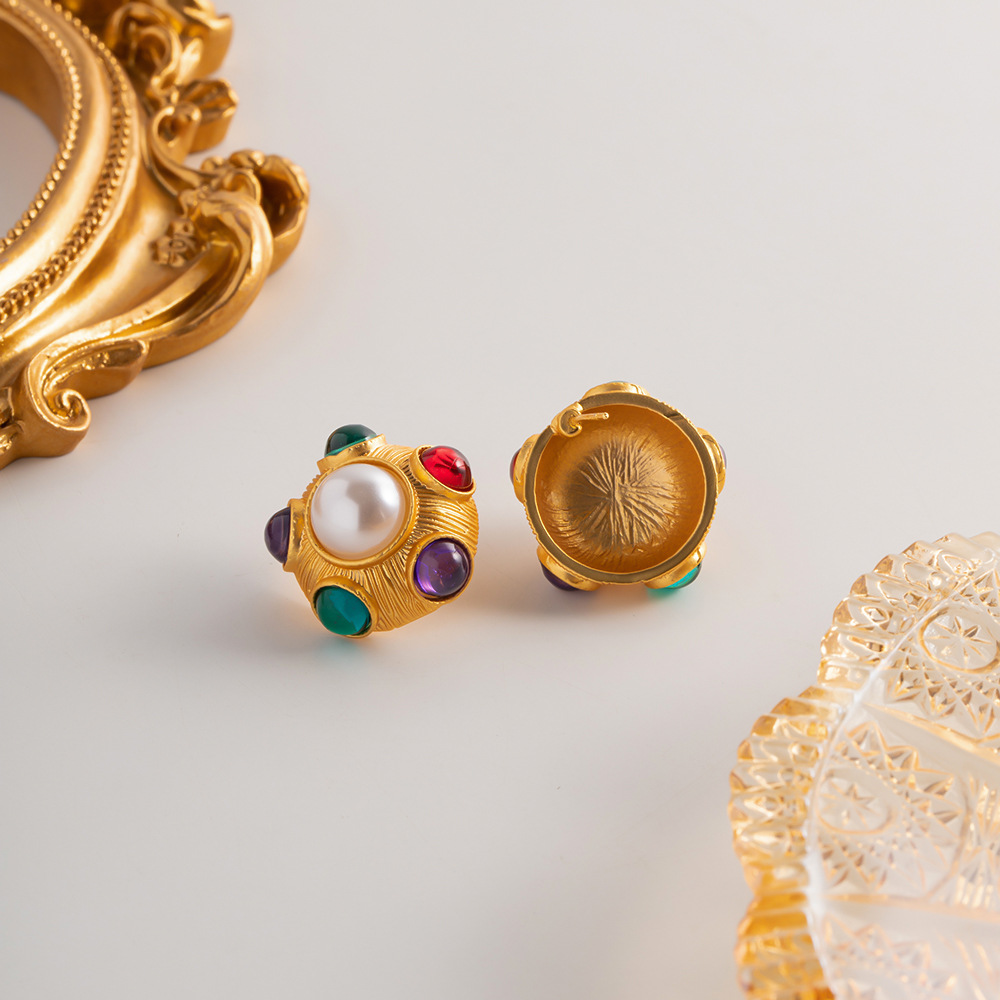 Vintage Style Geometric Copper Inlay Artificial Pearls Ear Studs 1 Pair